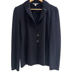 Vintage St. John Knit Cardigan‎ Blazer Black Wool Leather Trim Size P or XS